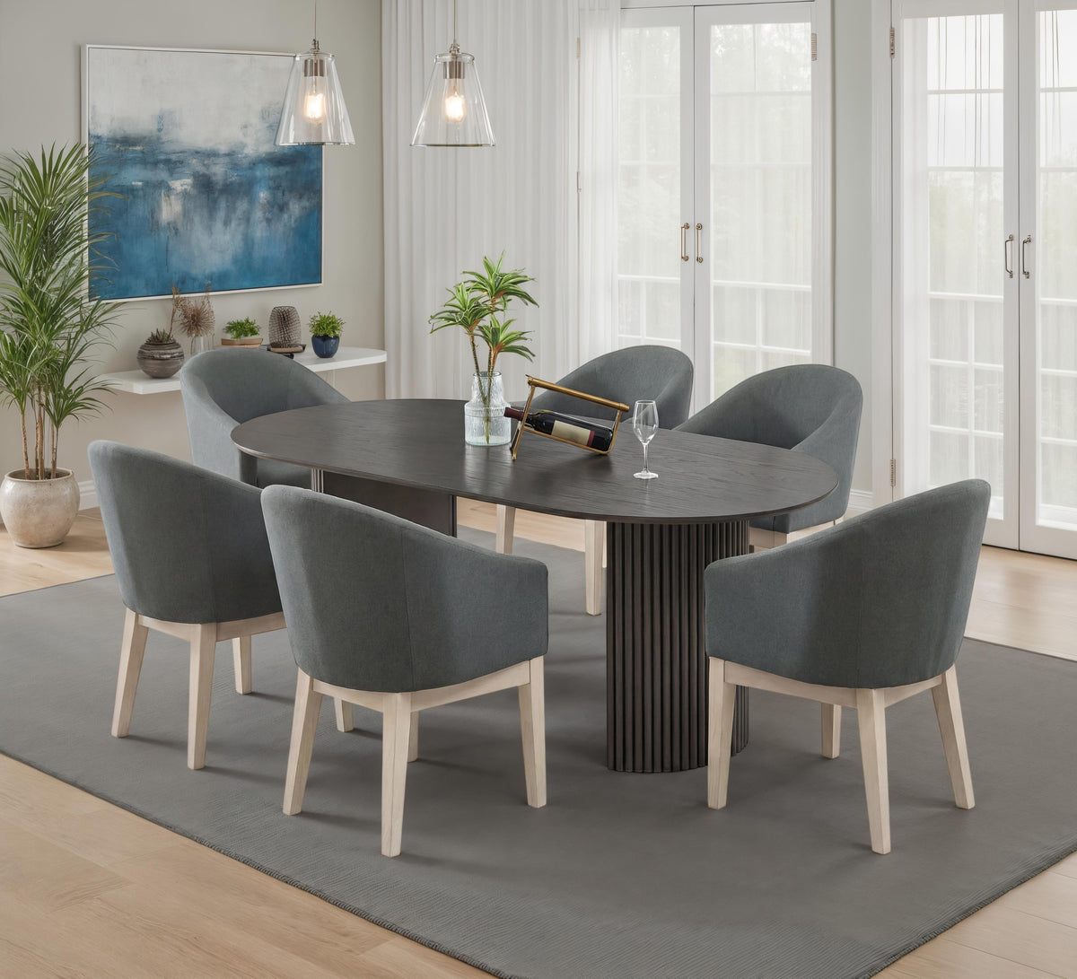 Valencia 7Piece Dining Set with 80 Inch Gray Oak Finish Oval Table, Dual Pedestal Base & 6 Gray Upholstered Barrel Chairs