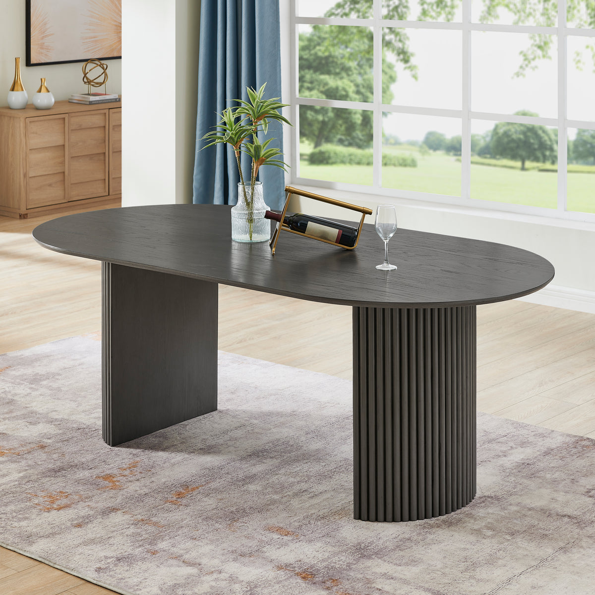 Valencia 80 Inch Oval Gray Oak Finish Dining Table with Dual Pedestal Base  Seats 6