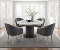 Valencia 5-Piece Round Dining Table Set with 54 White Faux Marble Top, Gray Fluted Pedestal Base & 4 Gray Upholstered Barrel Cha