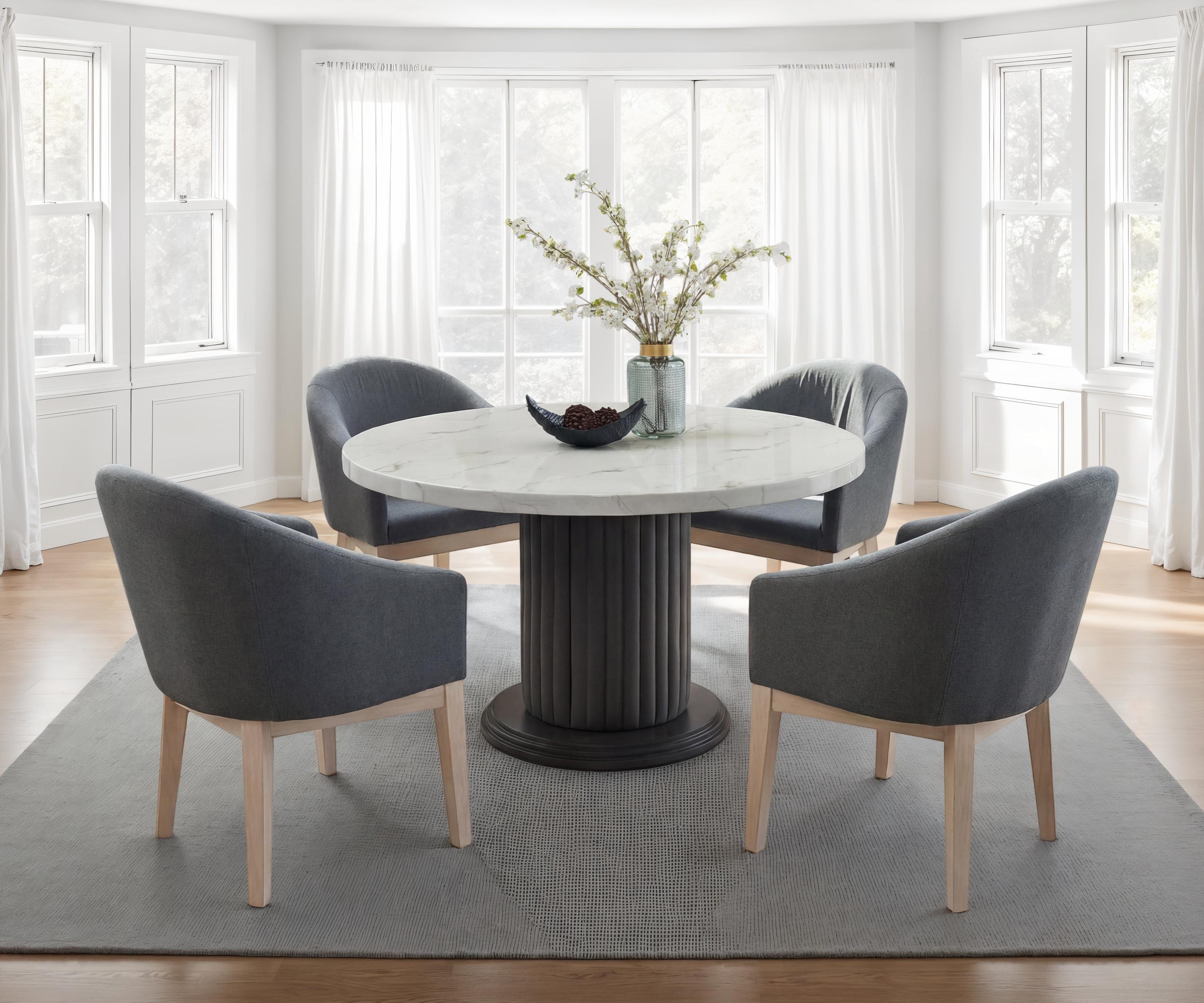 Valencia 5-Piece Round Dining Table Set with 54 White Faux Marble Top, Gray Fluted Pedestal Base & 4 Gray Upholstered Barrel Cha