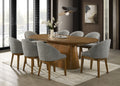 Andrew 9-Piece Oval Dining Set, 88-inch Walnut Finish Pedestal Table with 8 Light Gray Fabric Upholstered Chairs, Seats 8