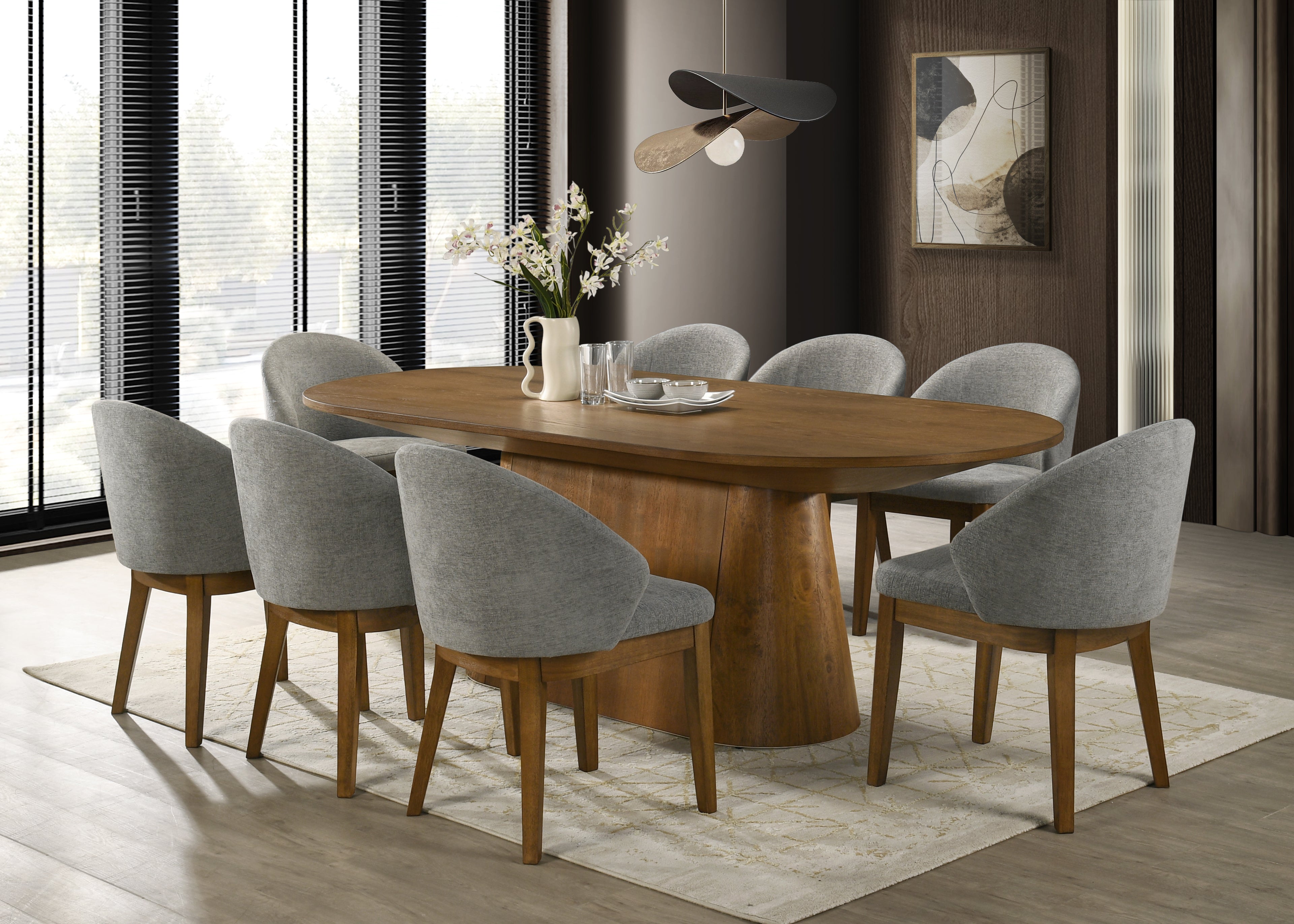 Andrew 9-Piece Oval Dining Set, 88-inch Walnut Finish Pedestal Table with 8 Light Gray Fabric Upholstered Chairs, Seats 8
