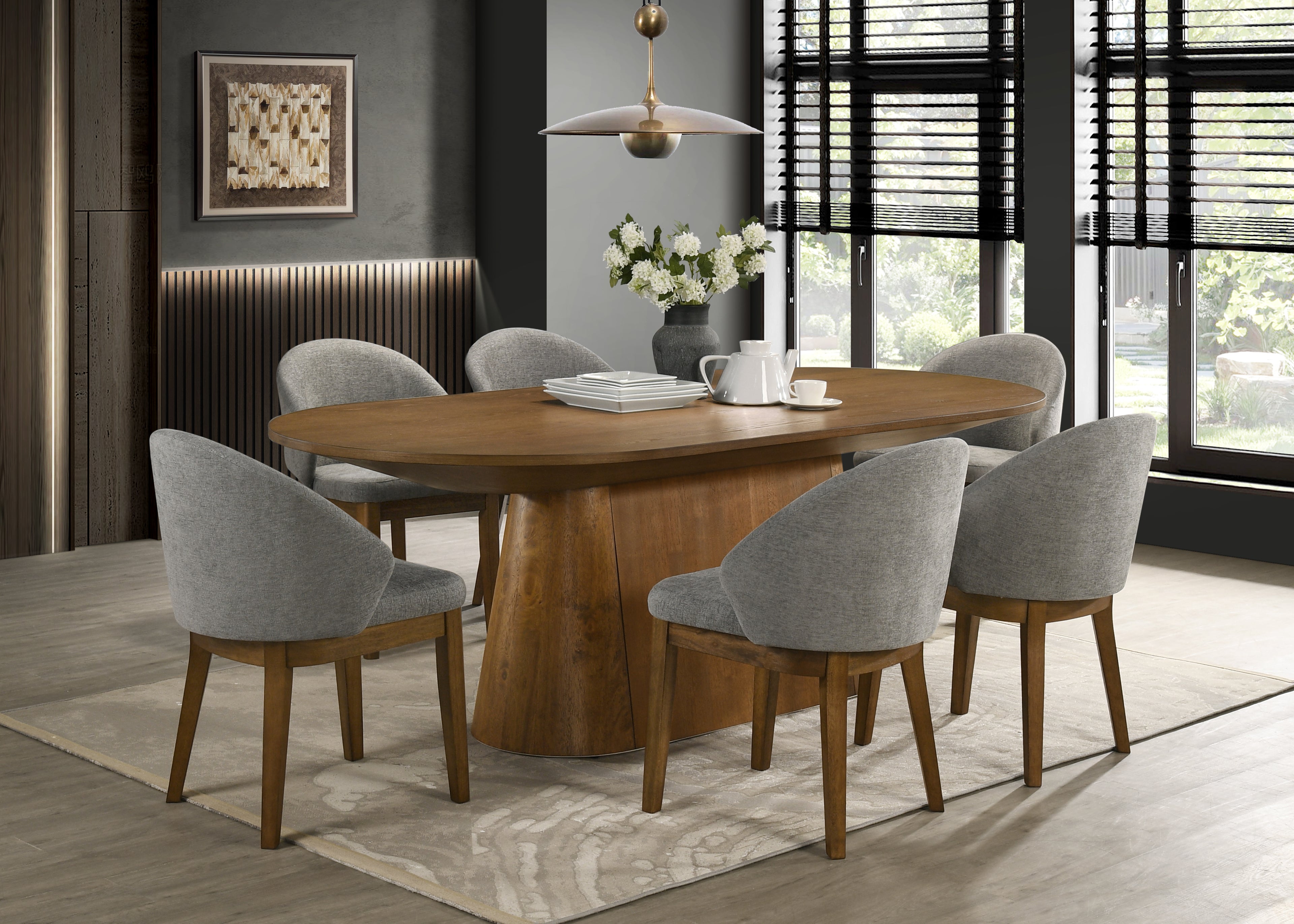 Andrew 7-Piece Oval Dining Set, 88-inch Walnut Finish Pedestal Table with 6 Light Gray Fabric Upholstered Chairs, Seats 8