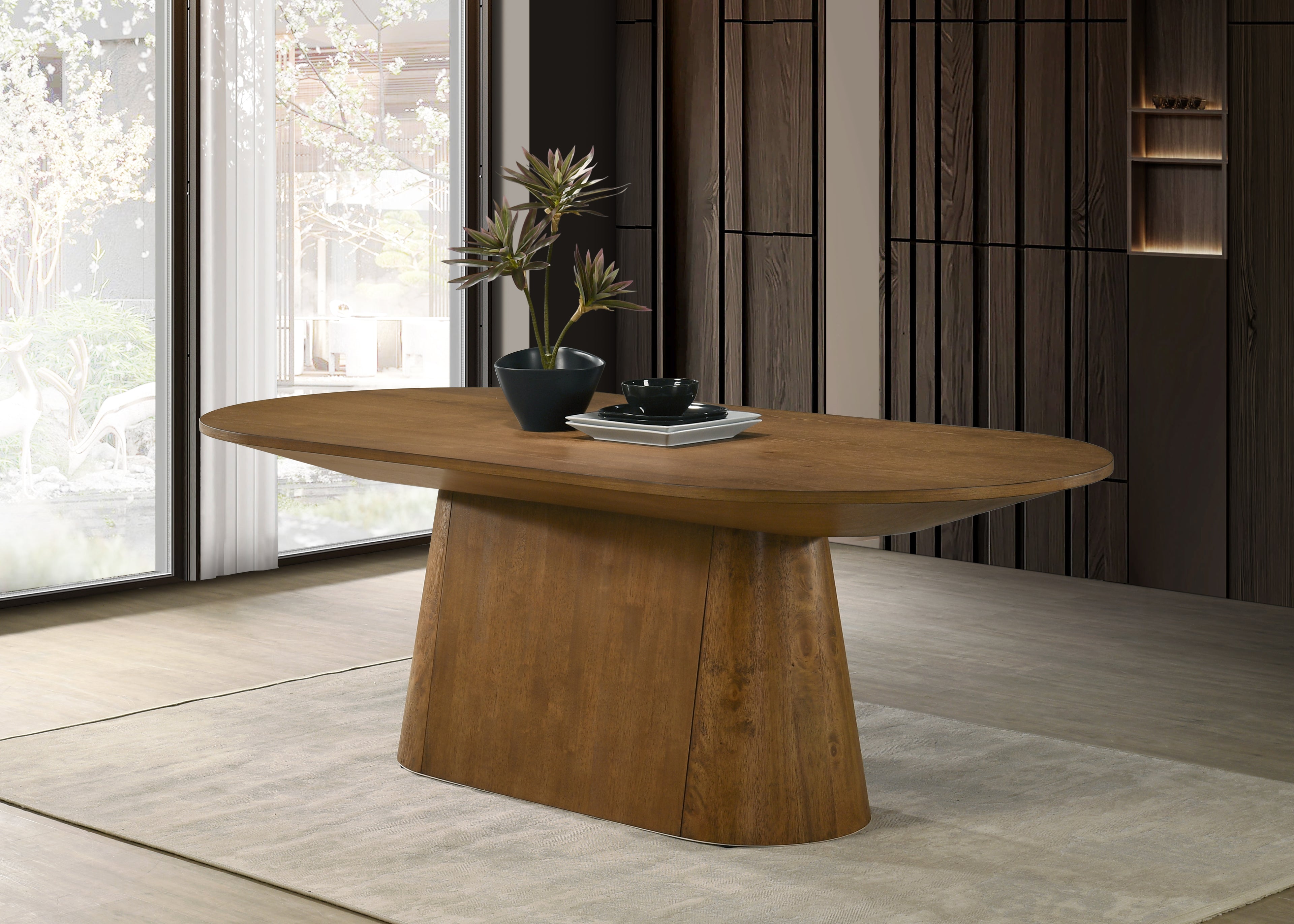 Andrew 88-inch Oval Dining Table, Walnut Finish  Modern Oval Wood Dining Table with Sculptural Pedestal Base, Seats 8