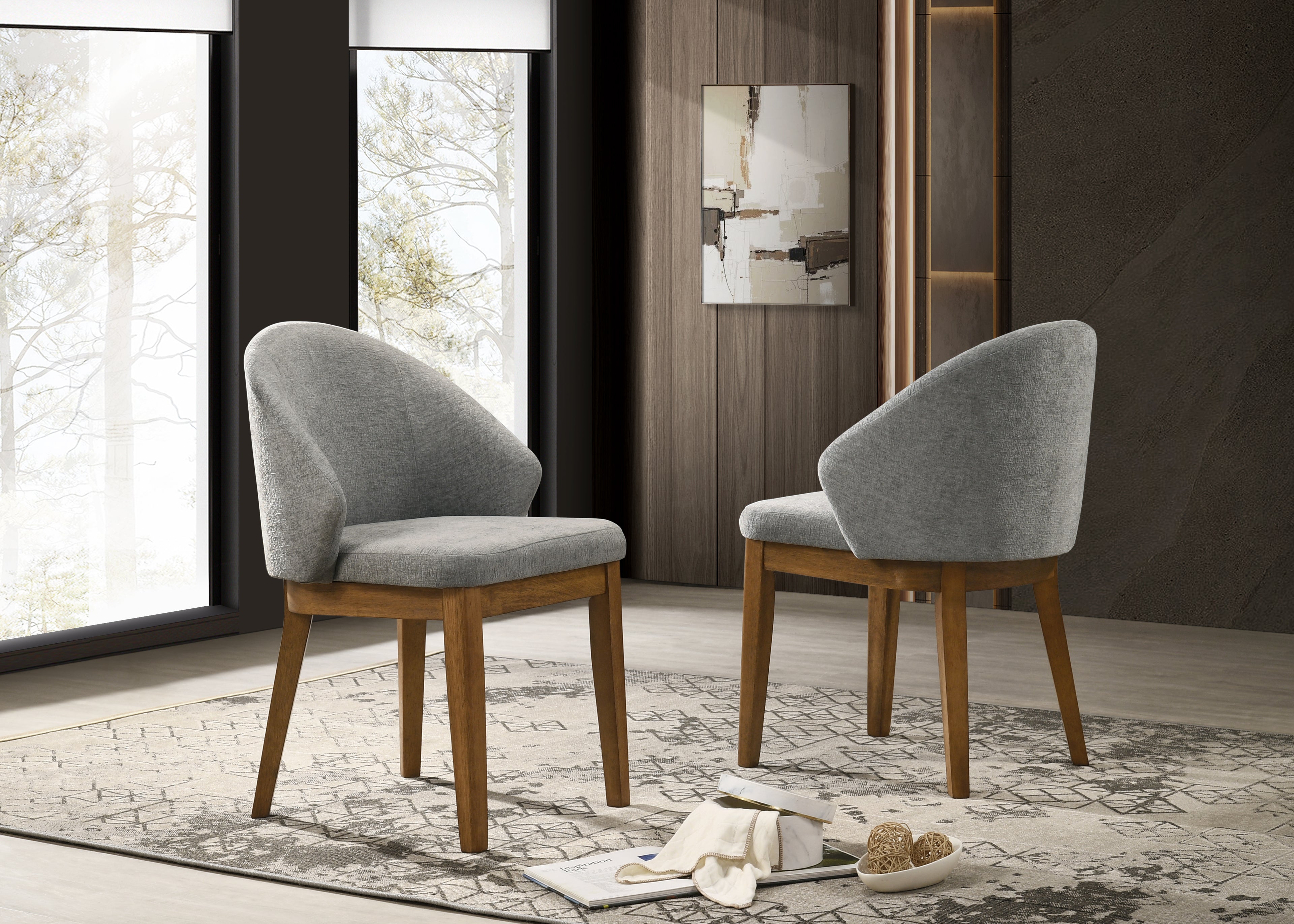 Andrew Set of 2 Barrel-Back Upholstered Dining Chairs, Light Grey Fabric with Walnut Finish Wooden Legs  Modern Accent Kitchen &