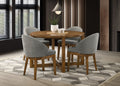 Andrew 5-Piece Round Dining Set with 47-inch Walnut Finish Table and 4 Light Gray Fabric Chairs, Mid-Century Modern Dining Table