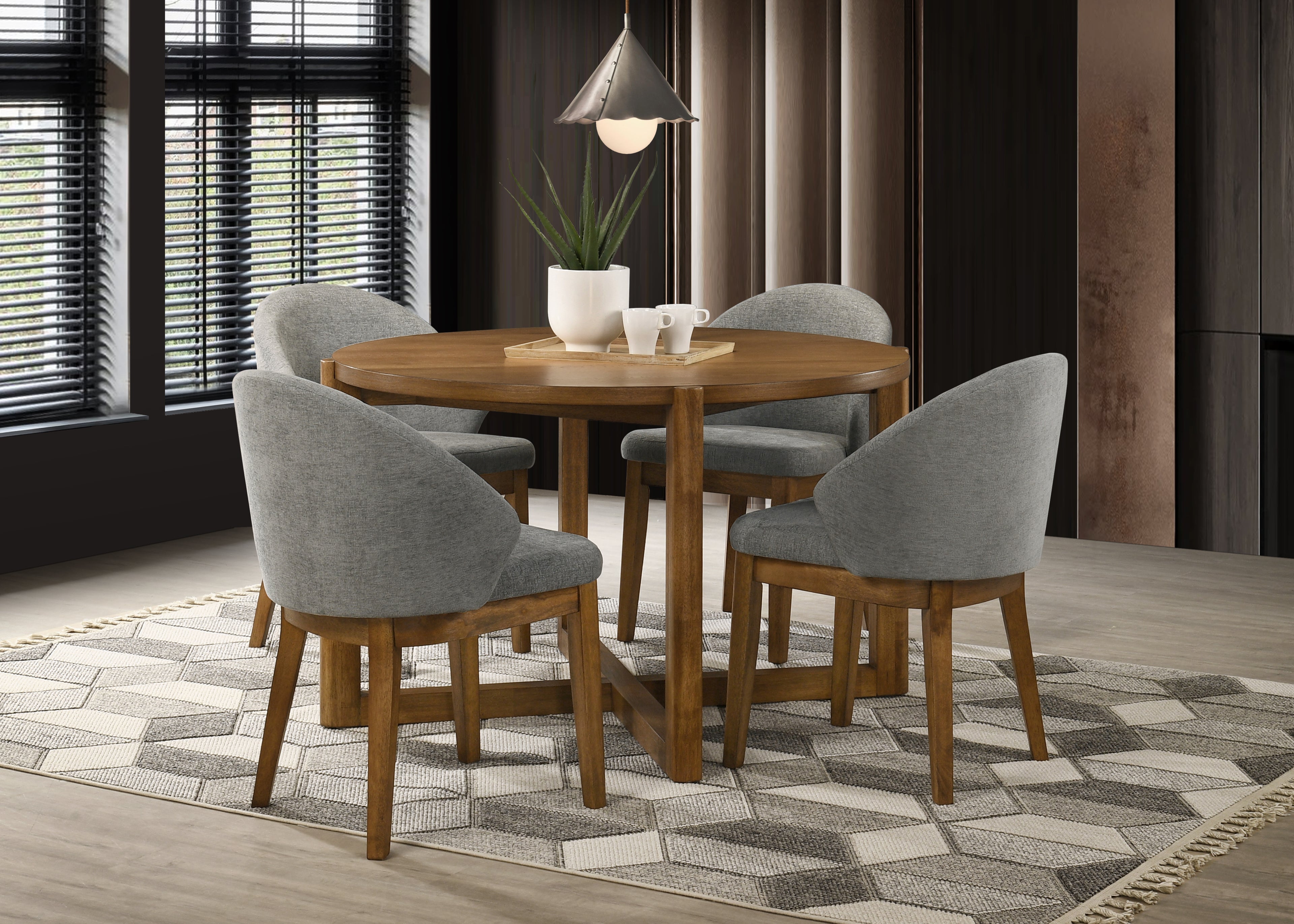 Andrew 5-Piece Round Dining Set with 47-inch Walnut Finish Table and 4 Light Gray Fabric Chairs, Mid-Century Modern Dining Table