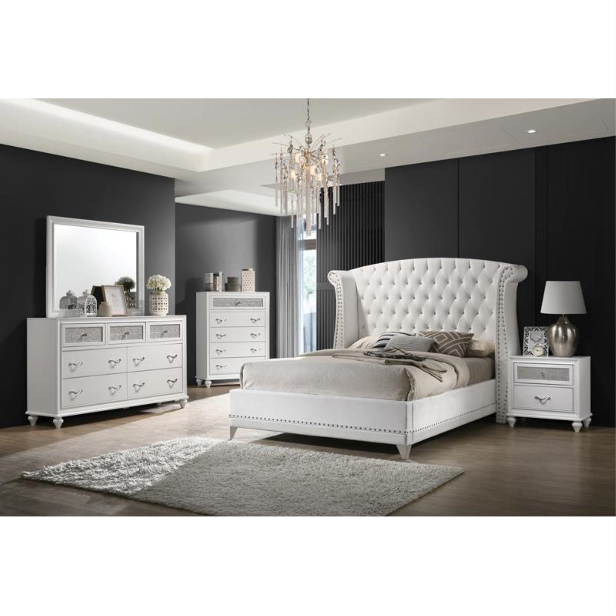 Coaster Home Furnishings Barzini Modern Classic 4-Piece Bedroom Set Velvet Upholstered Queen Size Wingback Bed Frame 63-inch Headboard White 300843Q-S4