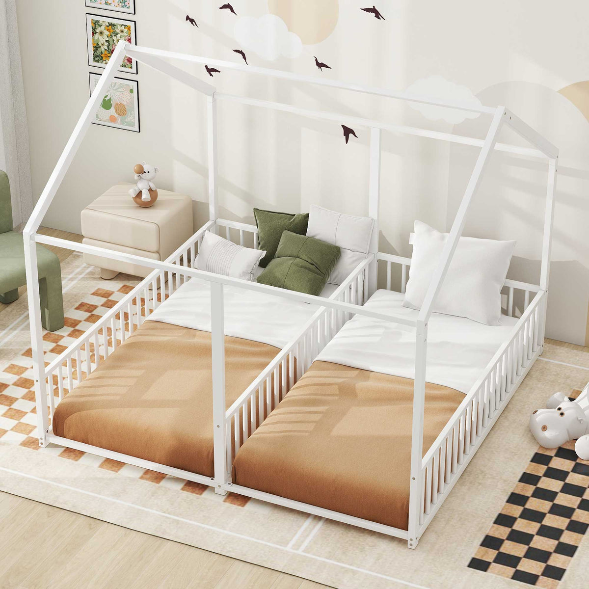 Metal Twin Size House Platform Beds 2 Shared Beds - Antique White