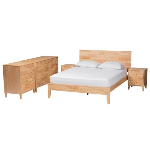 Baxton Studio Hosea Japandi Carved Honeycomb Natural King Size 5-Piece Bedroom Set