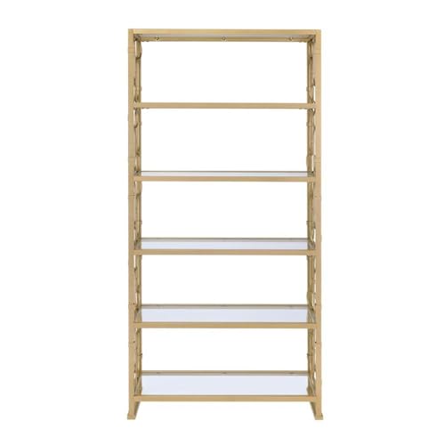 Acme Julos Metal Etagere Bookcase with 6 Glass Shelves in Clear Glass and Gold
