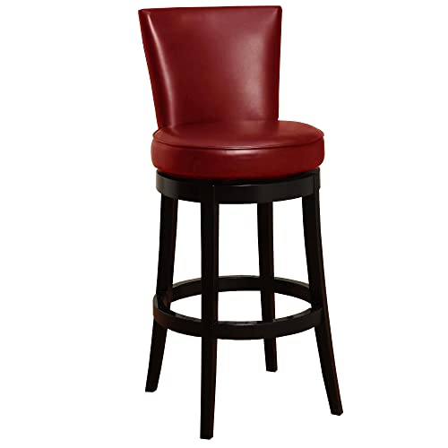HomeRoots Black Hardwood, Bonded Leather 26' Red Faux Leather Round Seat Black Wood Swivel Armless Bar Stool