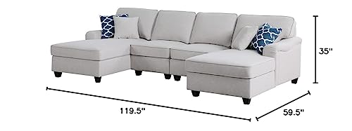 Lilola Home Leo Light Gray Linen Double Chaise 4Pc Modular Sectional Sofa