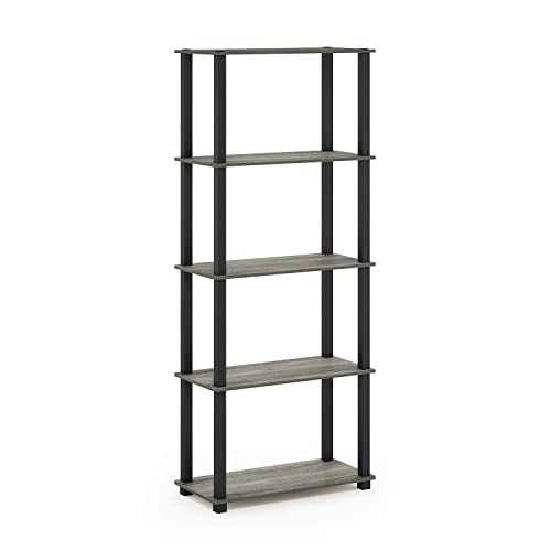 Furinno Turn-N-Tube 5-Tier Multipurpose Shelf / Display Rack / Storage Shelf / Bookshelf, Square Tubes, French Oak Grey/Black