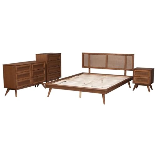 Baxton Studio Nura Mid-Century Modern Walnut Brown Finished Wood And Rattan Full Size 4-Piece Bedroom Set