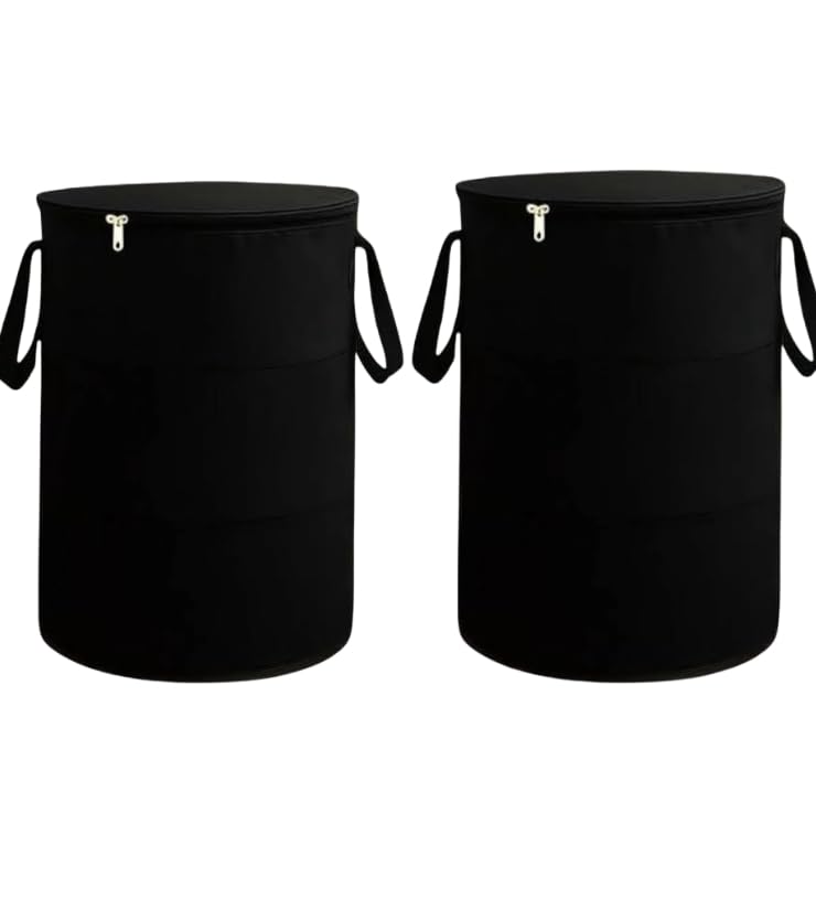 Joyecraft Set Of 2 Laundry Baskets With Zipper Lid & Handles Black, Foldable Laundry Hamper For Clothes Storage, Large Collapsib