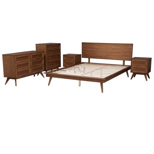Baxton Studio Melora Mid-Century Modern Walnut Brown Finished Wood And Rattan Queen Size 5-Piece Bedroom Set