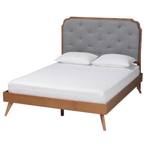 Baxton Studio Lorana Mid-Century Modern Grey Fabric And Walnut Brown Wood King Size Platform Bed