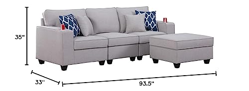 Lilola Home Cooper Light Gray Linen Sofa with Ottoman and Cupholder