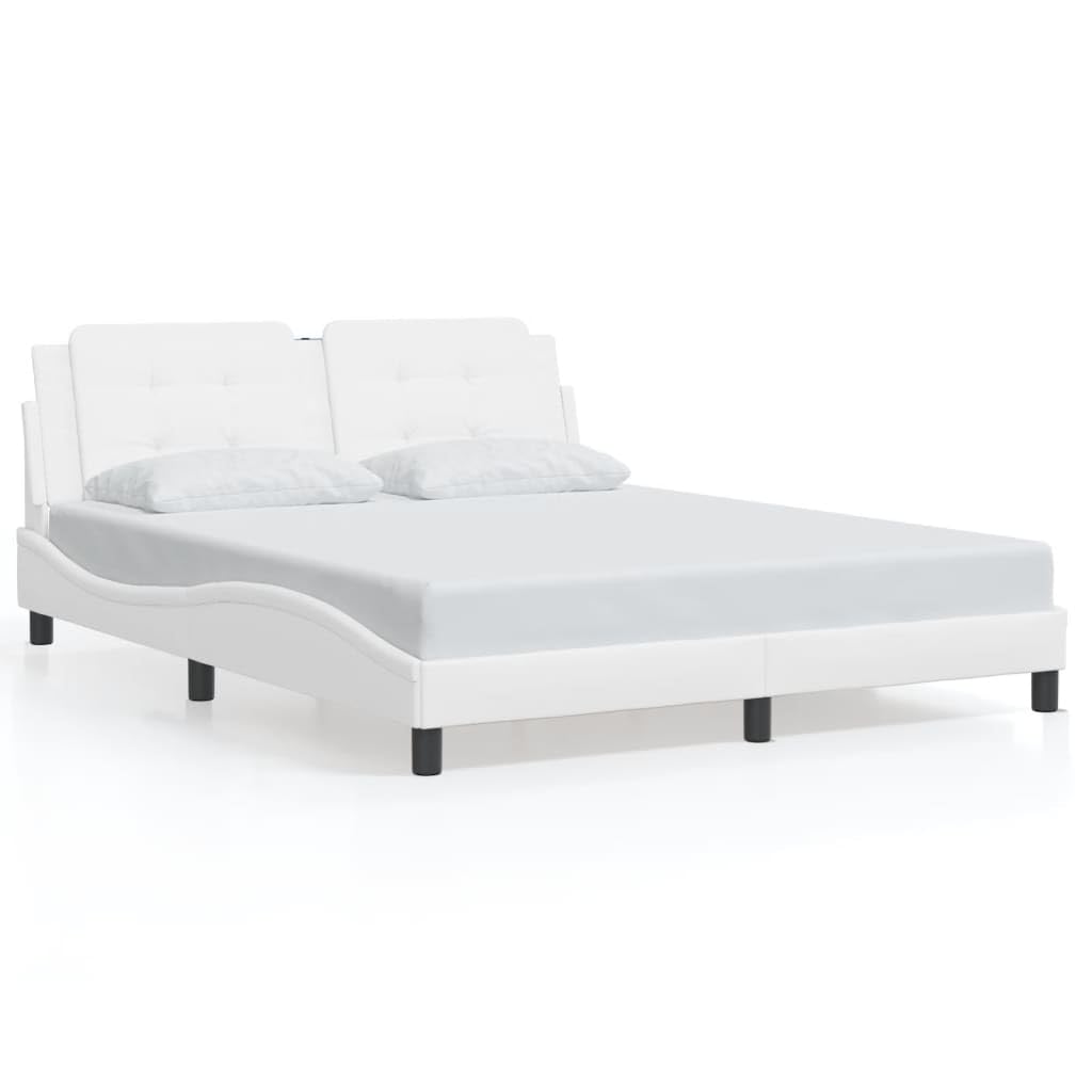 vidaXL Queen Bed Frame with LED Lights White Faux Leather - Plywood Slats, Foam Padded Headboard, Stylish Design