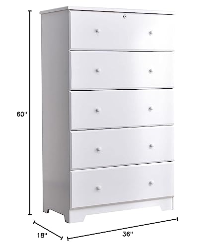 Solid Pine Wood 5 Drawer Chest Dresser (White)