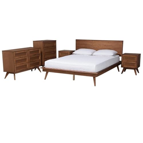 Baxton Studio Melora Mid-Century Modern Walnut Brown Finished Wood And Rattan King Size 5-Piece Bedroom Set