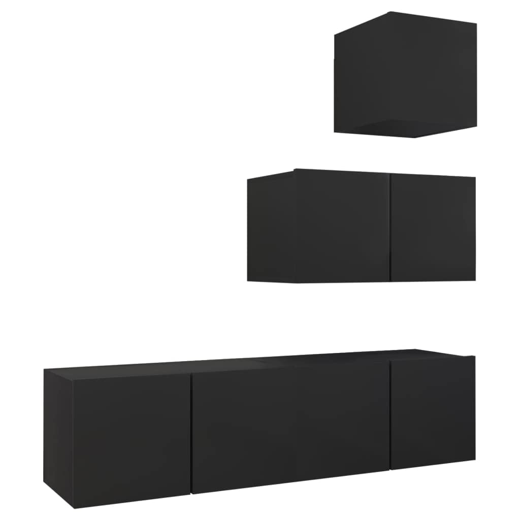 vidaXL TV Cabinet Set 4 Piece Home Indoor Living Room Hanging Wall-Mounted Stereo Plasma HiFi Cabinet TV Unit Furniture Black Engineered Wood