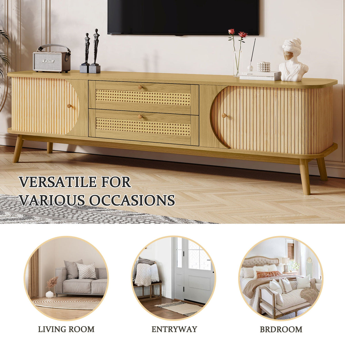 Rattan TV Stand For Tvs Up To 75'', Modern Farmhouse Media Console, Entertainment Center With Legs, TV Cabinet For Living Room, Home Theatre - Natural Wood