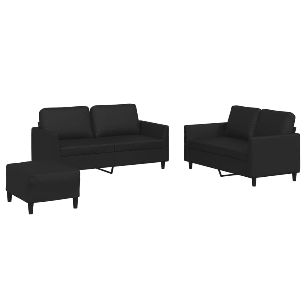 vidaXL 3 Piece Sofa Set with Cushions - Black Faux Leather - Modern, Sleek Design, Comfortable Seating and Versatile Footstool, Stain-Resistant and Easy to Clean