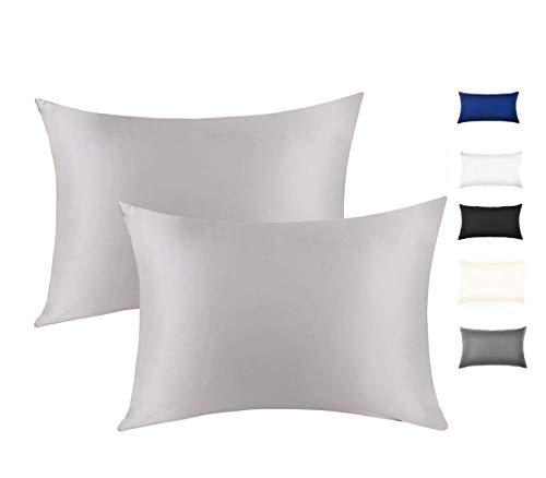 100% Mulberry Silk Pillowcase For Hair And Skin, Both Side 19 Momme Silk With Hidden Zipper,2 Pack (Grey, Queen)