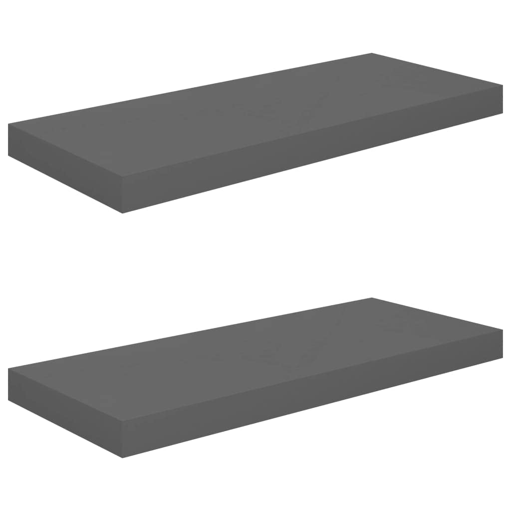 vidaXL Set of 2 Floating Wall Shelves, High Gloss Gray, 23.6x9.3x1.5, Honeycomb MDF and Metal Frame, Modern Design, Invisible Mounting