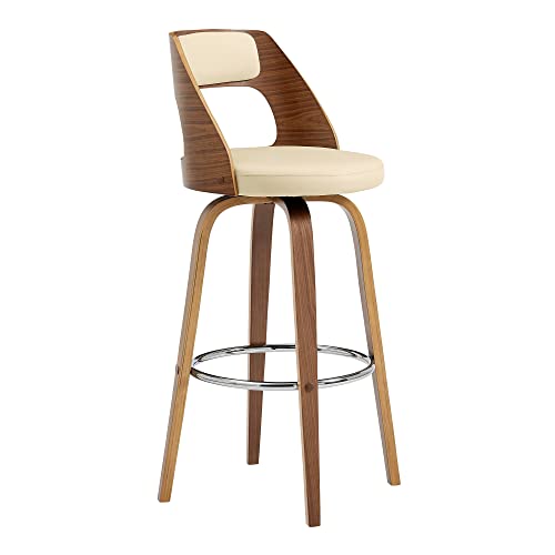 HomeRoots Bent Wood/Metal/Faux Leather 30' Retro Mod Cream Faux Leather and Walnut Swivel Counter Stool