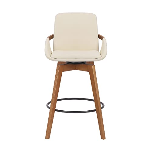 HomeRoots 26' Luxurious Cream and Walnut Faux Leather Swivel Bar Stool