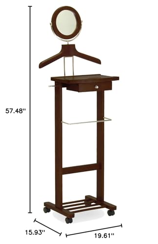 Winsome Wood Valet Stand With Mirror, Drawer, Tie Hook, Casters, Antique Walnut (94155)