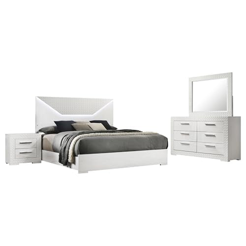 Coaster Home Furnishings Ives Contemporary 4-Piece Bedroom Set Queen Size LED Panel Bed Frame 57-inch Headboard White High Gloss 224941Q-S4