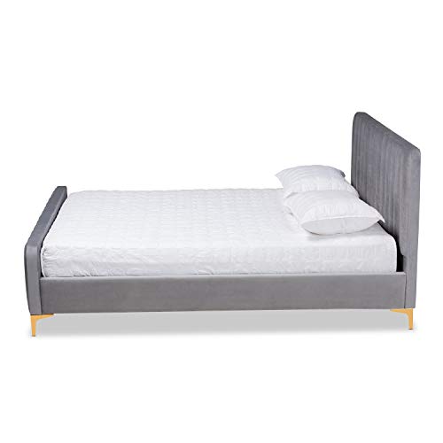 Baxton Studio Nami Modern Contemporary Glam and Luxe Light Grey Velvet Fabric Upholstered and Gold Finished King Size Platform Bed