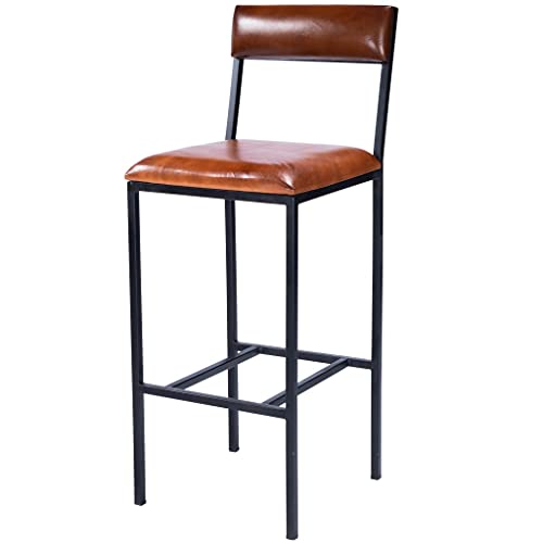 HomeRoots Medium Brown Iron; Black Metal Finish, Leather, Plywood Classic Leather and Metal Bar Stool