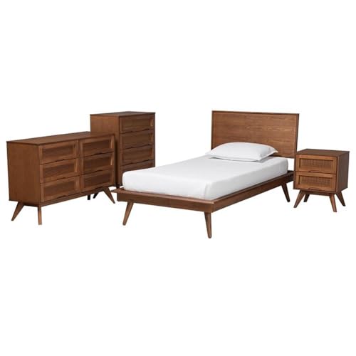 Baxton Studio Melora Mid-Century Modern Walnut Brown Finished Wood And Rattan Twin Size 4-Piece Bedroom Set