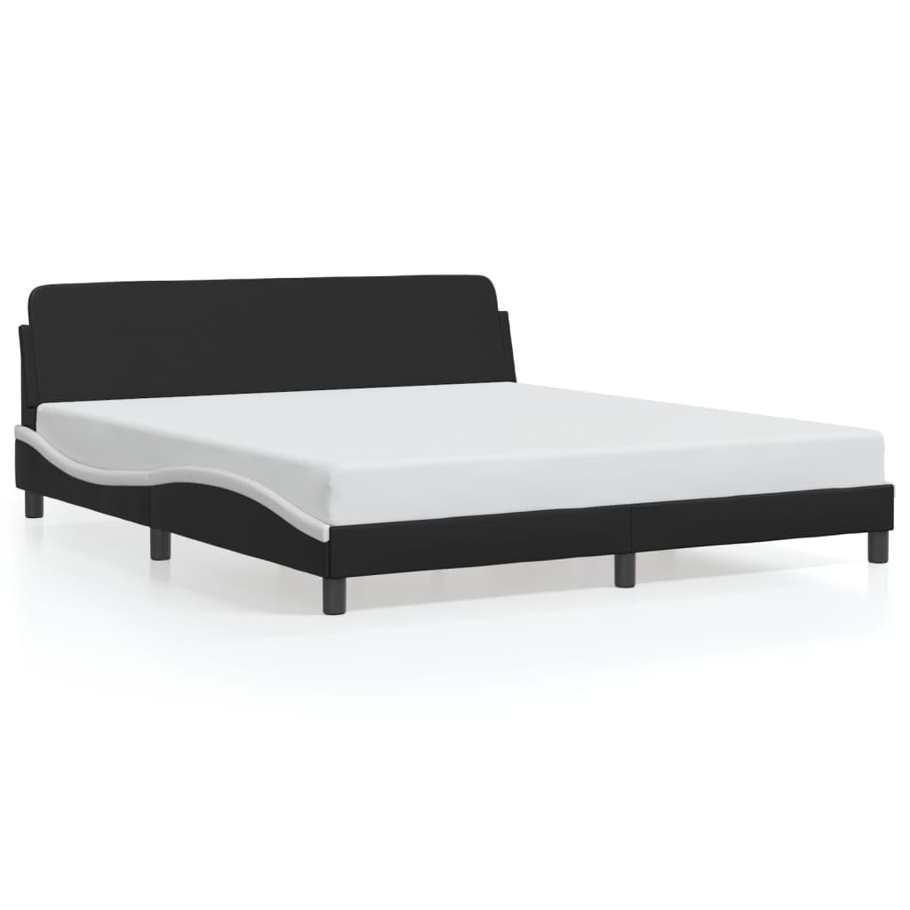 vidaXL Double Bed Frame - Black/White Waved Faux Leather with Headboard, Sturdy Plywood Slats, Chic Bedroom Furniture - 72"x83.9" Mattress Compatible