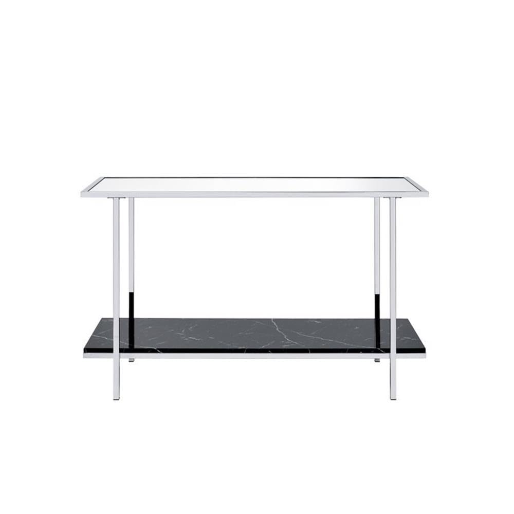 Acme Angwin Metal Frame Console Table In Mirrored And Faux Marble And Chrome