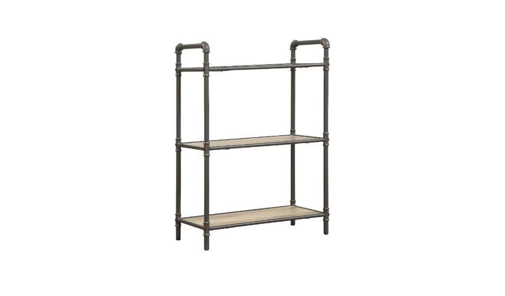 HomeRoots 486317 36 in. Antique Oak & Sandy Gray Metal Three Tier Standard Bookcase