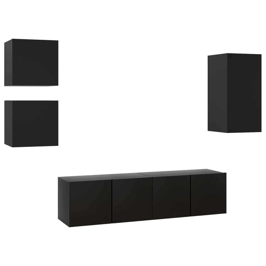 vidaXL TV Cabinet Set 5 Piece Home Indoor Living Room Hanging Wall-Mounted Stereo Plasma HiFi Cabinet TV Stand Unit Furniture Black Engineered Wood