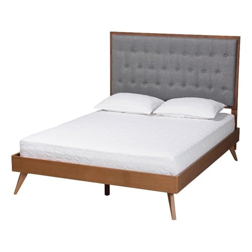 Baxton Studio Dericia Classic And Traditional Grey Fabric And Walnut Brown Finished Wood King Size Platform Bed