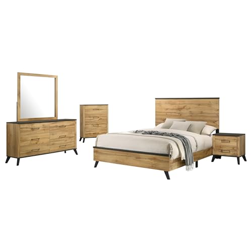 Coaster Home Furnishings Kaywood Mid-Century Modern 5-Piece Bedroom Set Full Size Panel Bed Frame 52-inch Headboard Weathered Brown and Natural Pine 225001F-S5