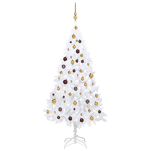 Vidaxl 70.9&quot; Artificial Christmas Tree White With Leds, Ball Set And Usb Connector, Energy-Efficient, Durable Pvc Material, Metal Stand, Extra Thick Branches