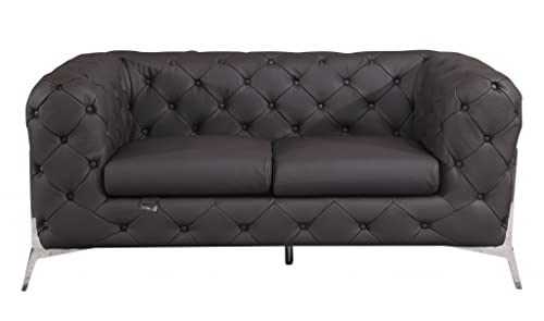 HomeRoots 69&quot; Dark Brown Tufted Italian Leather and Chrome Love Seat