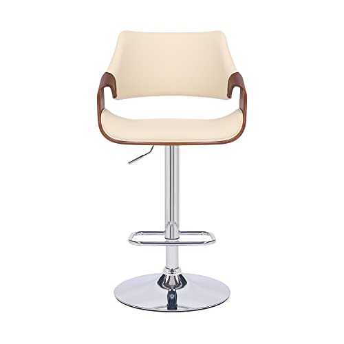 HomeRoots Wood, Metal, Foam Faux Leather Cream Faux Leather and Walnut Wood and Chrome Swivel Adjustable Bar Stool