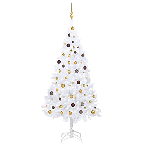 Vidaxl Artificial White Christmas Tree With Led Lights And Ball Set - 82.7&quot; Tall Xmas Tree In Pvc With Adjustable Branches, Metal Stand, And Usb Connection