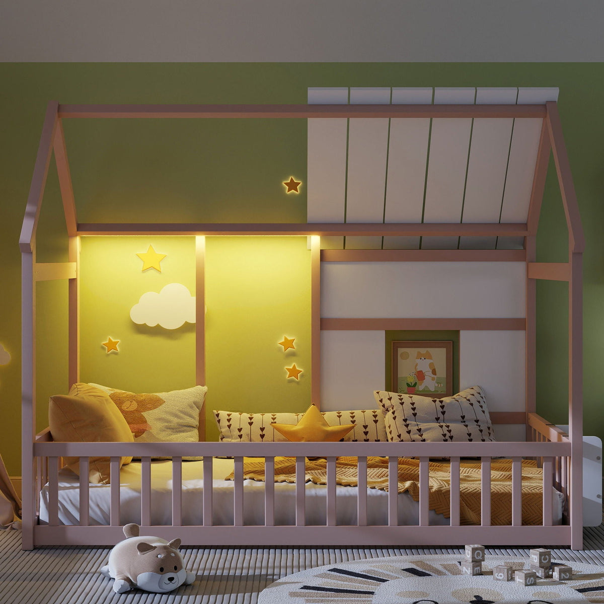 House Floor Bed With 7 Color LED Light, Built In Bookshelf