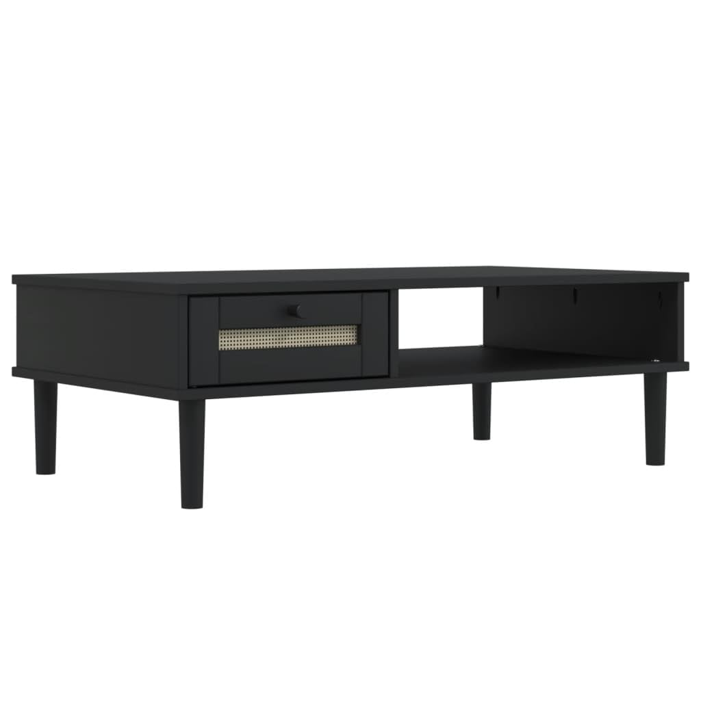 vidaXL SENJA Rattan Look Accent Coffee Table - Black Solid Pine Wood with UV Varnish, Storage Drawer, Rectangular Sofa Side Table for Living Room
